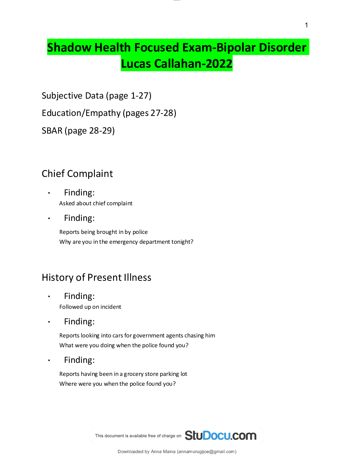 Preview of Shadow Health Focused Exam-Bipolar Disorder Lucas Callahan-2022